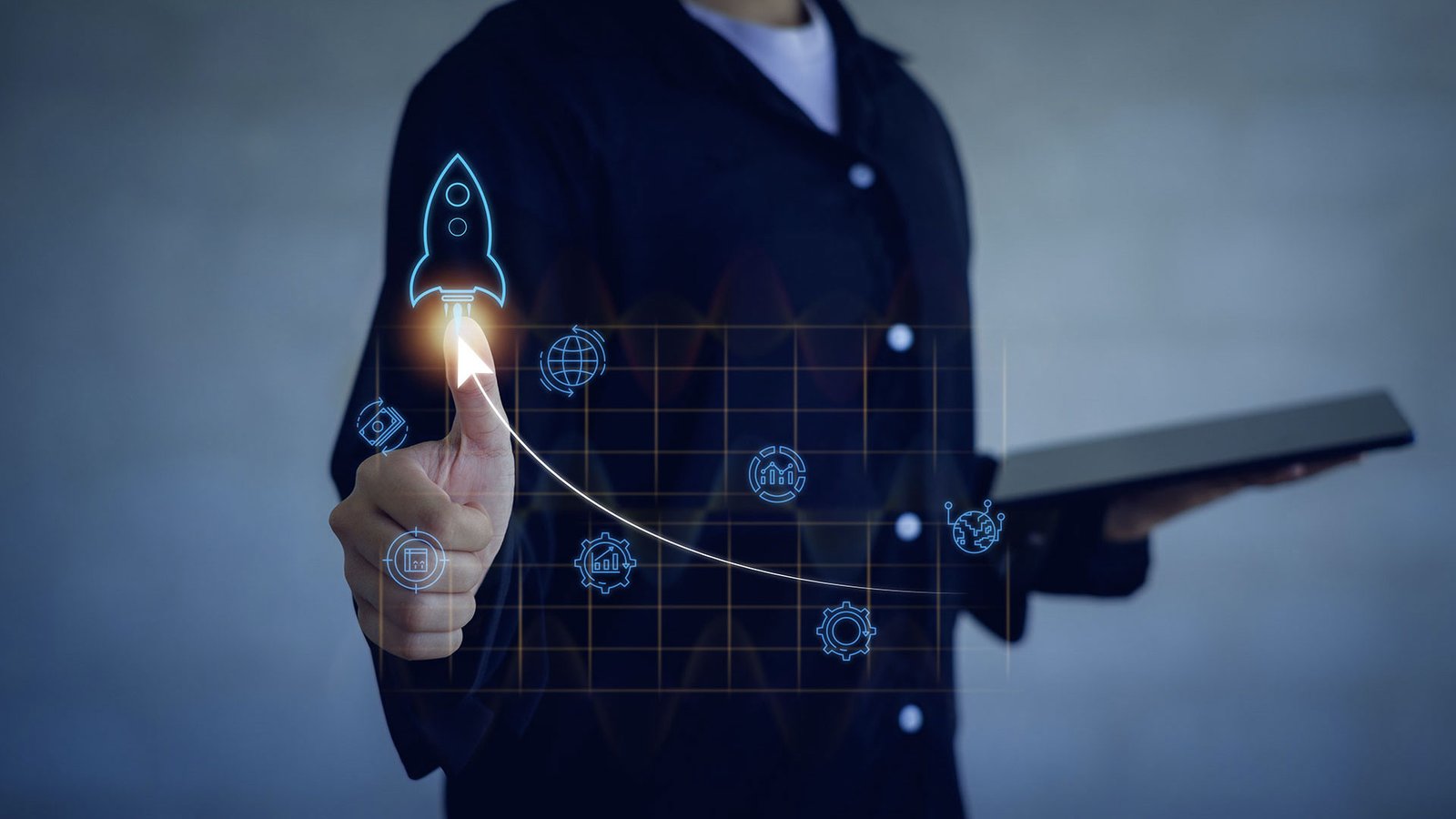 Futuristische zakelijke groei met technologie en data-analyse. Digitale grafieken en AI-inzichten die bedrijfsinnovatie stimuleren.